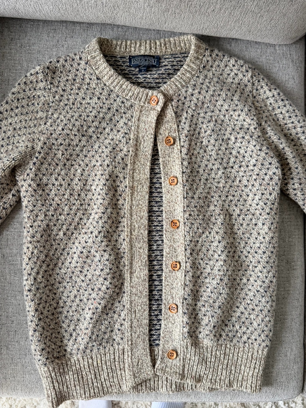 Lands End Vintage Gray and Cream Birdseye Wool Cardigan small